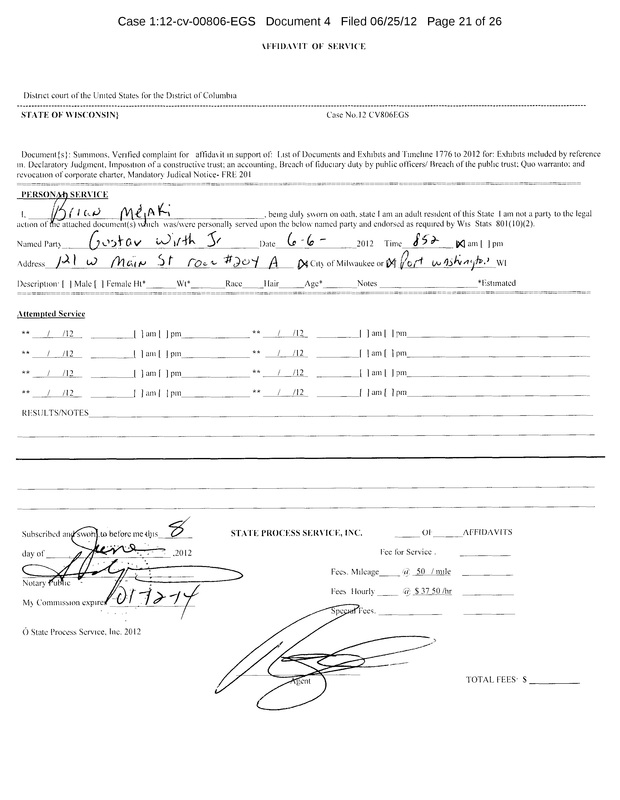 OzaukeeMOB.org,   This is the Affidavit of Service on corrupt Public Officer Gustav W. Wirth, Jr., a member of the Board of Supervisors of Ozaukee County, Wisconsin.