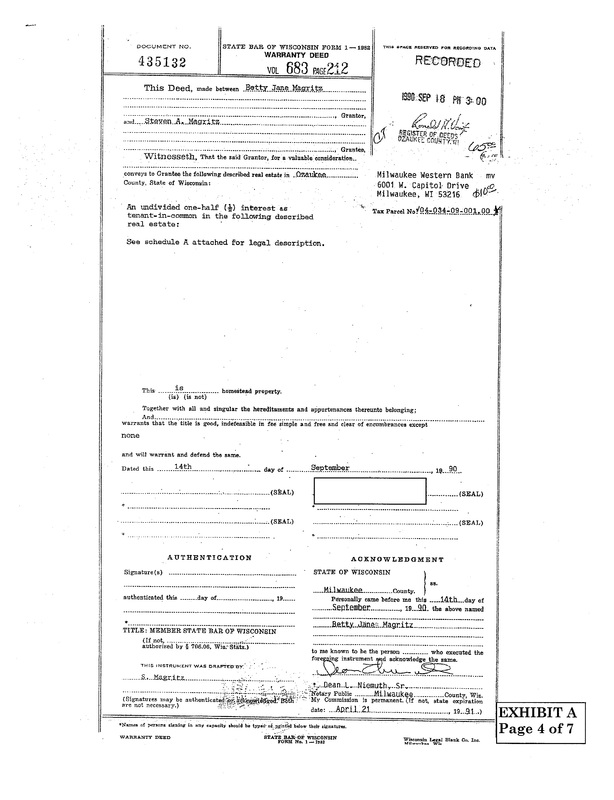 OzaukeeMOB.org,  Deed being corrected - document number 435132 recorded in the Register of Deeds office in Ozaukee County, Wisconsin, 1990