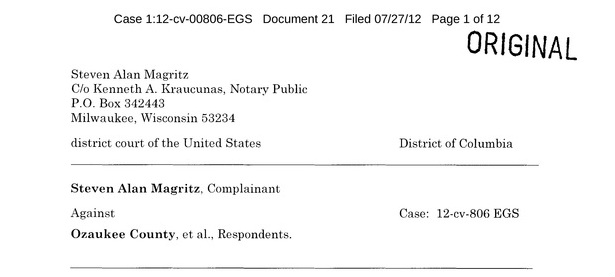OzaukeeMOB.org, caption for verified motion for summary judgment. The dishonest, corrupt public officers of Ozaukee County, Wisconsin had agreed they were in breach of their fiduciary duty as Public Officers and had caused Steve Magritz an injury by stealing his private land at gunpoint with a 24 man SWAT Team lead by Lawless Sheriff Maury Straub.