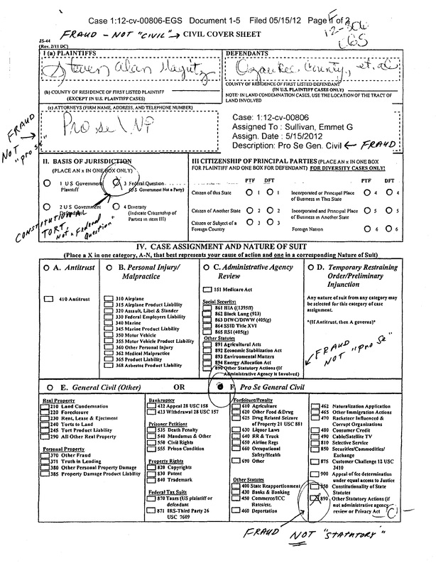 OzaukeeMOB.org, This is page 1 of the fabricated, false, fraudulent “civil cover sheet” created by some unknown named person at the United States District Court in the District of Columbia after the Magritz case was surreptitiously transferred from the district court of the United States for the District of Columbia without the knowledge or consent of Steve Magritz